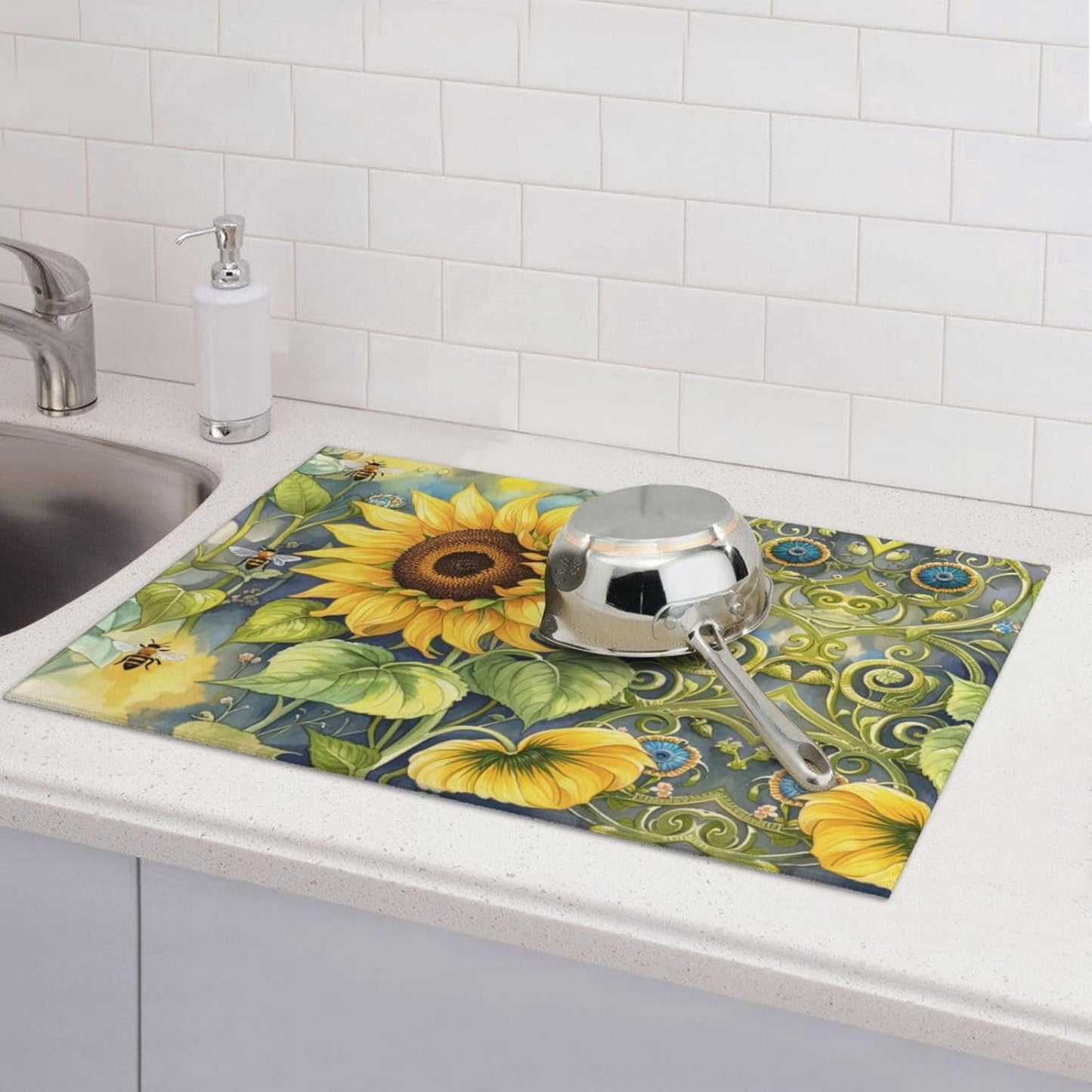 Sunflower Bee Dish Drying Mat Highly Absorbent Double-Sided Microfiber with Hanging Loop Reversible