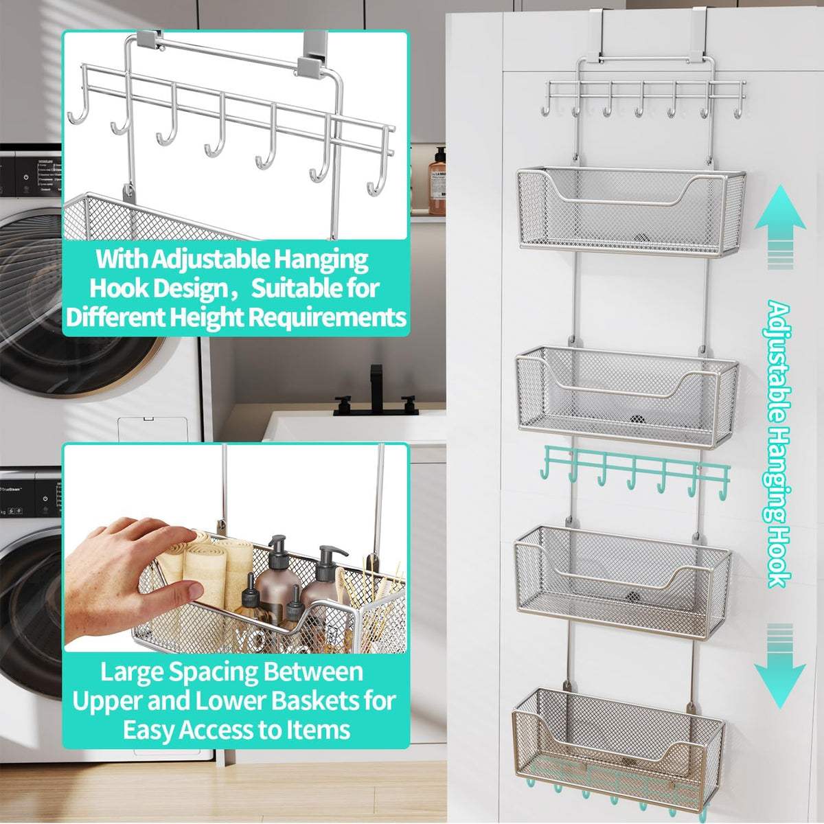 HapiRm Over The Door Organizer - Hanging Door Organizer with 4 Metal Large Capacity Baskets and