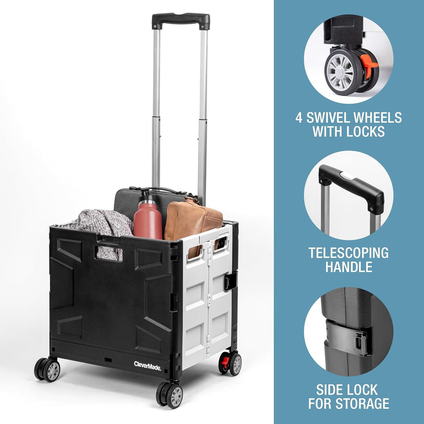 CleverMade Collapsible Wheeled Crate with Lid, 4-Wheels - Swivel and Glide Rolling Crate with