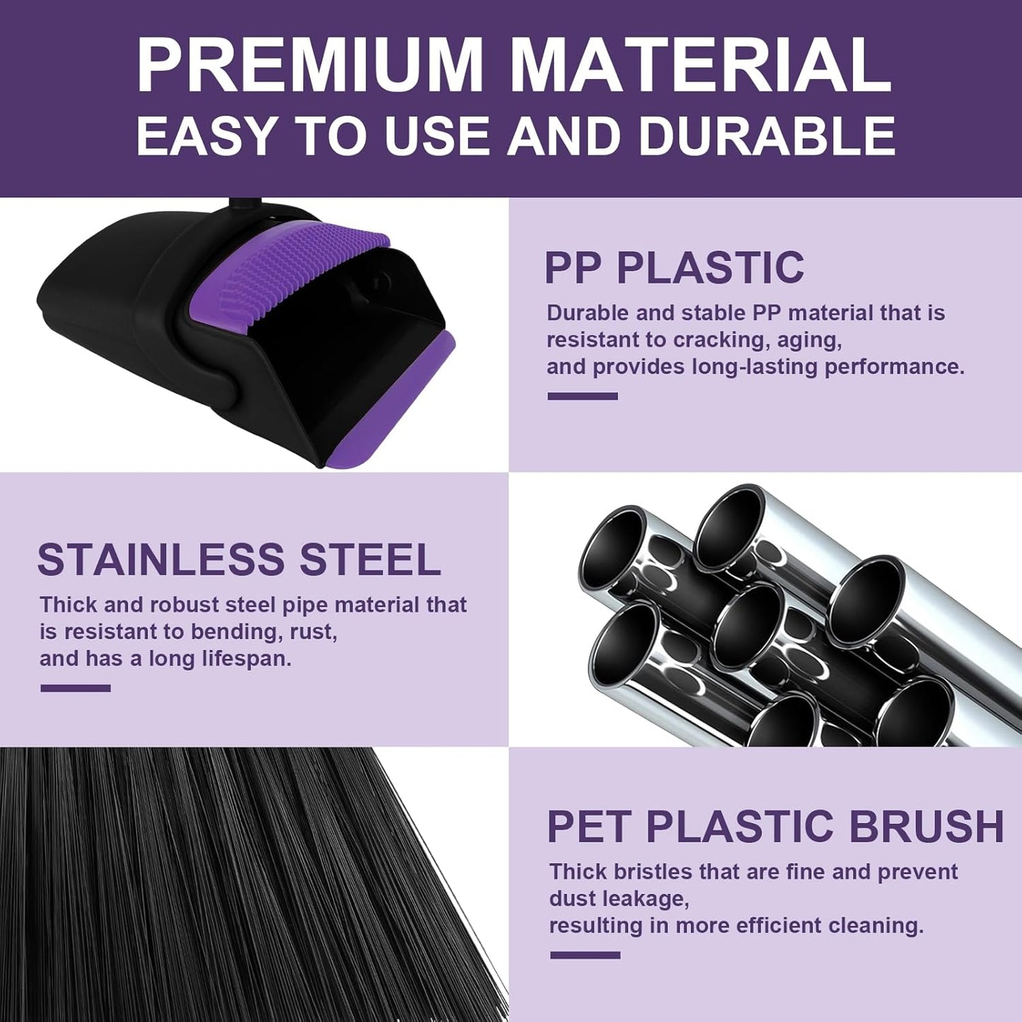 Broom with Dustpan Combo Set, 51" Household Dustpans and Broom, Standing Dust Pan Set for Home
