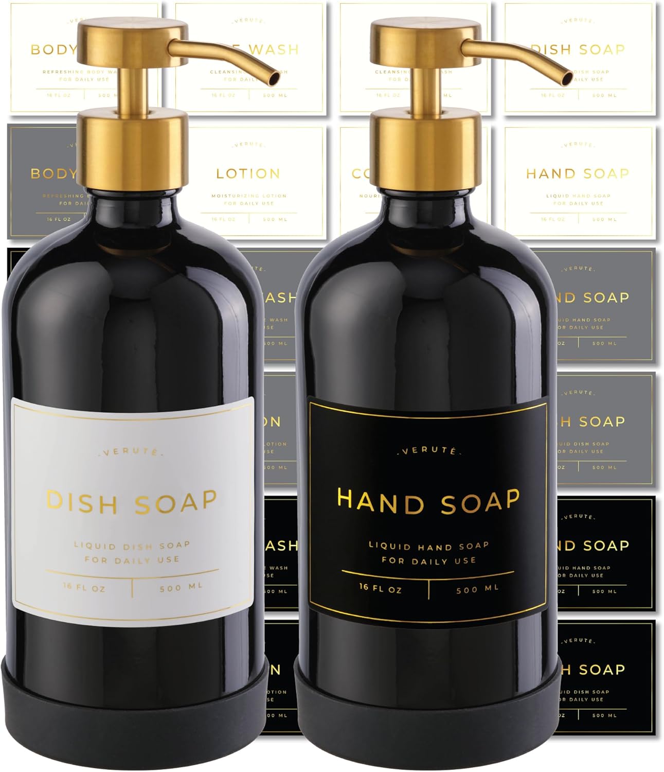 16oz Glass Soap Dispenser with Stainless Steel Pump, 21 Waterproof Labels, Non-Slip Protective