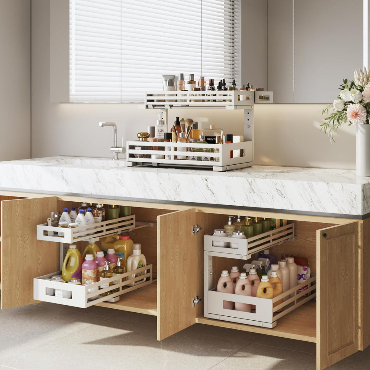 2-Pack 17"Deep Under Sink Organizer And Storage, 2-Tier L-Shaped Pull Out Cabinet Organizer with