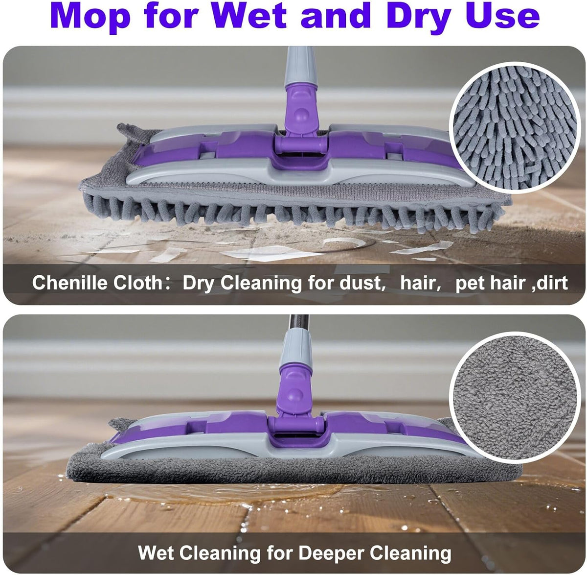 ITTAHO Microfiber Flat Mop Floor Cleaning System,Wet & Dry Dust Mopping with Stainless Steel