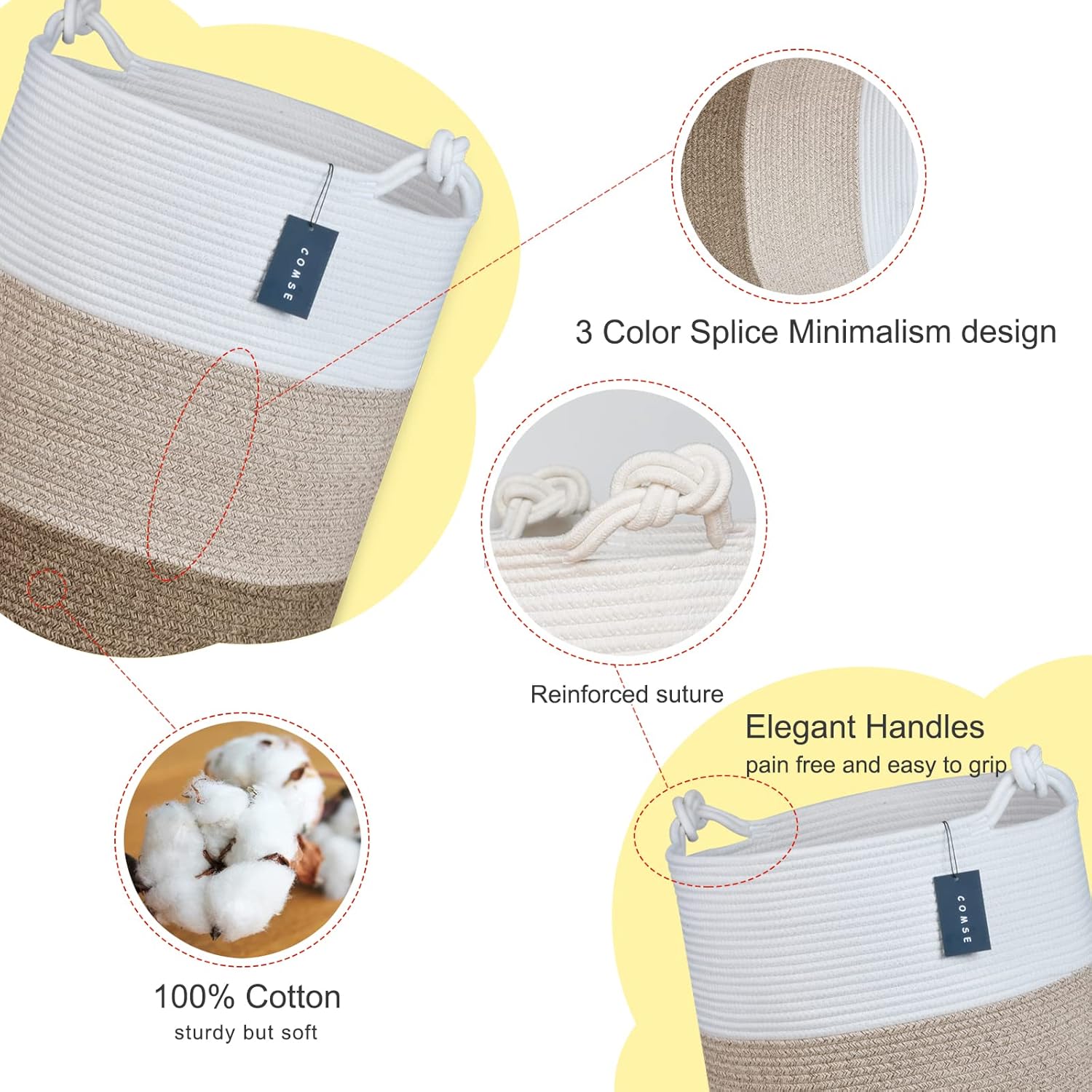COMSE Extra Large Blanket Basket, Tall Woven Storage Basket, Nursery Hamper, 15.7”x 21.7”, Cotton