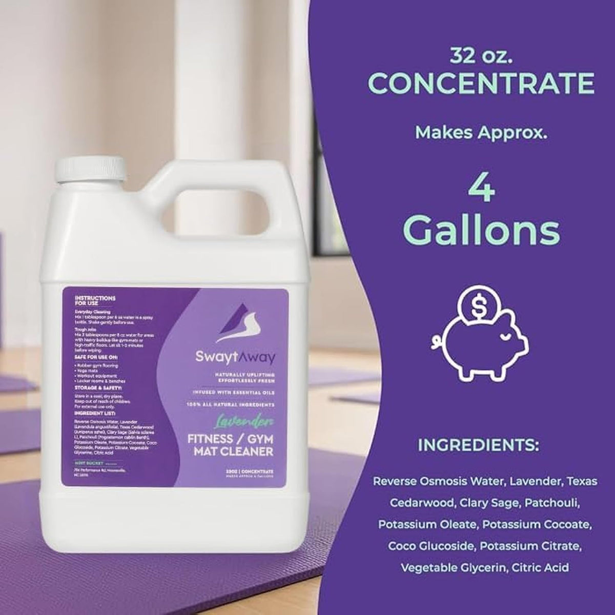 SwaytAway Fitness Mat Cleaner Concentrate – 32oz Lavender Essential Oil Formula – Aromatherapy Yoga