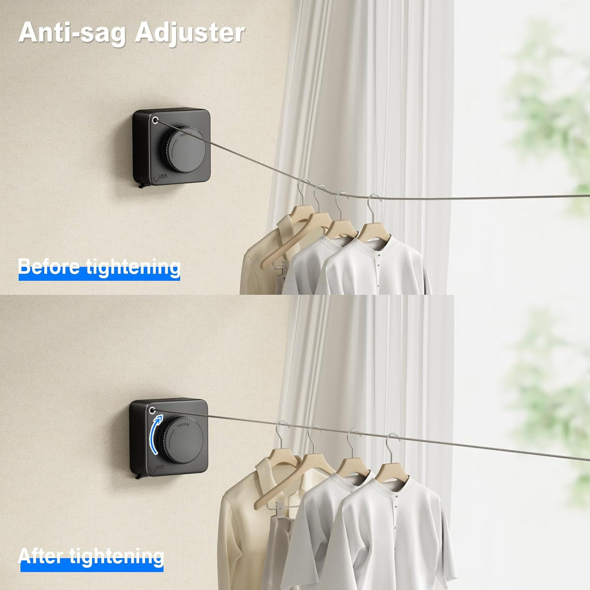 Retractable Clothesline Indoor, Non-Sagging Outdoor Clothes Line Retracting Heavy Duty Clothes