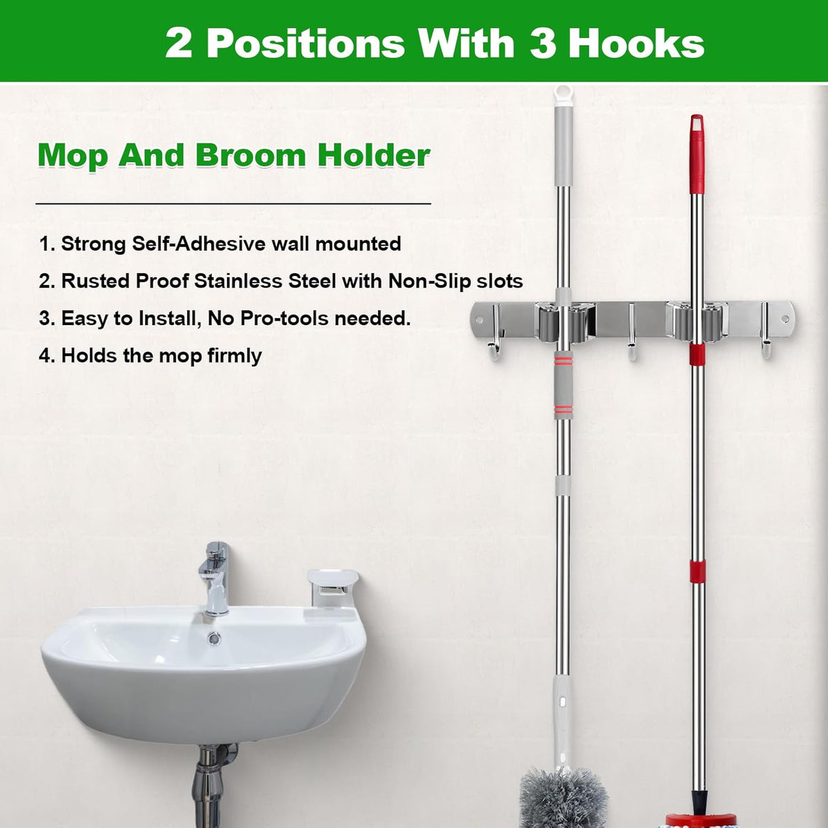 voze 2 Racks and 3 Hooks Mop and Broom Holder Wall Mount, Self Adhesive Heavy Duty Broom Organizer