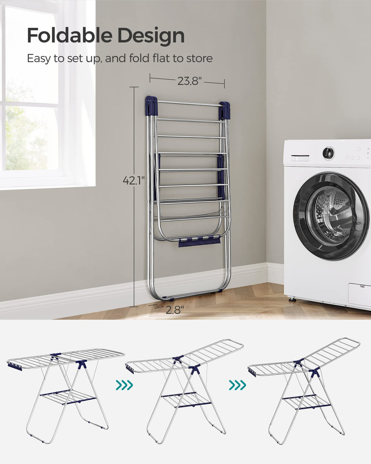 SONGMICS Clothes Drying Rack, with Sock Clips, Metal Laundry Rack, Foldable, Space-Saving