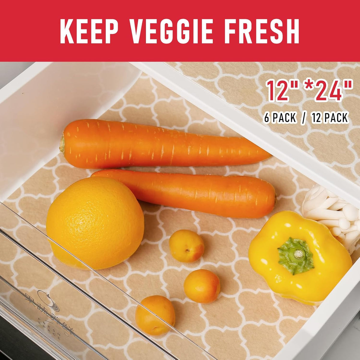 Cooyes 2 in 1 Refrigerator Liners, 6 Pack, 12“ × 24”， Fridge Drawer & Shelf Liners for Kitchen