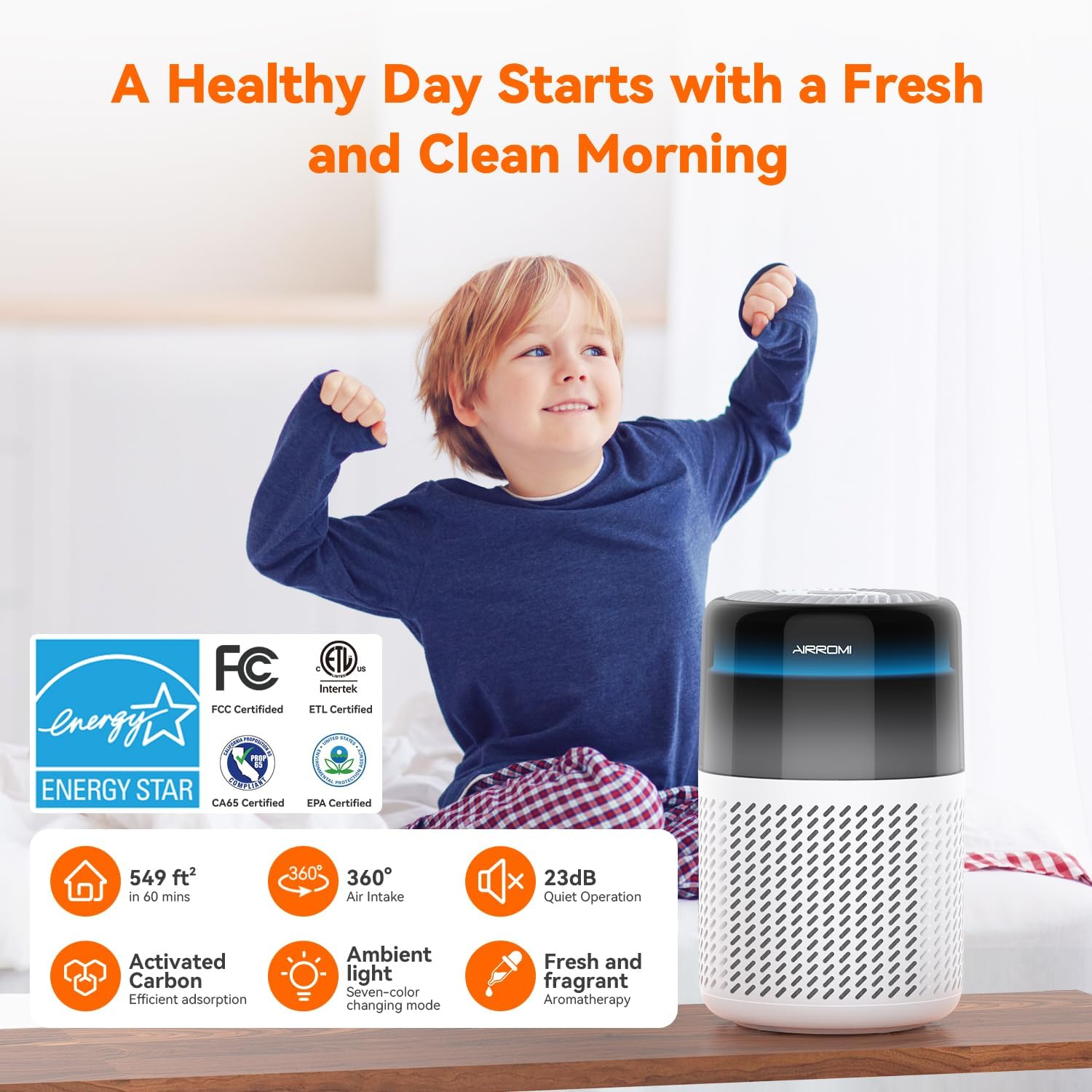 AIRROMI Air Purifier for Bedroom Home,HEPA Filter,Covers Upto 549 Ft²,Quiet 360°intake Air Cleaner