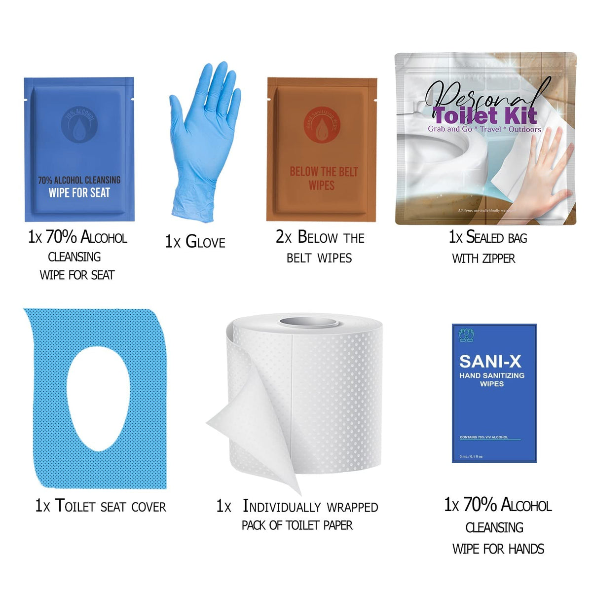 Personal Toilet Kit To Go – 10 Pack | Disposable Public Restroom Kit | Individually Wrapped for