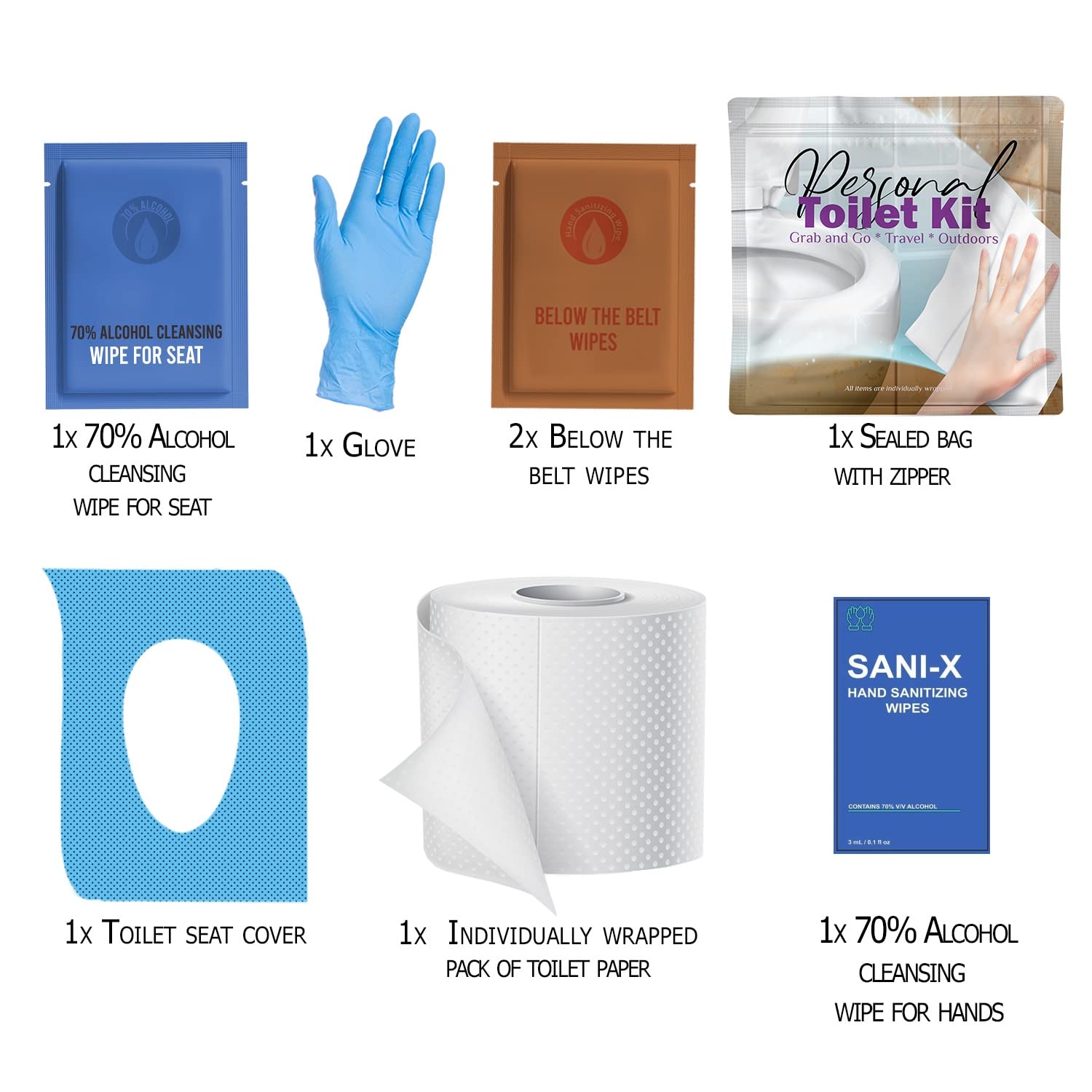 Personal Toilet Kit To Go – 10 Pack | Disposable Public Restroom Kit | Individually Wrapped for