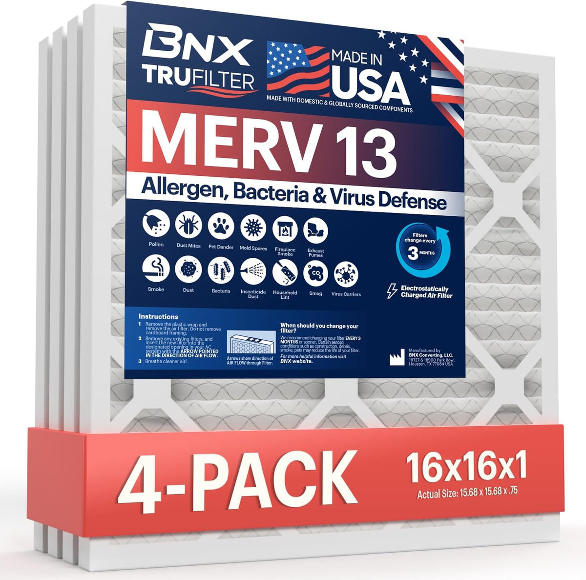 BNX TruFilter 16x16x1 Air Filter MERV 13 (4-Pack) - MADE IN USA - Electrostatic Pleated Air