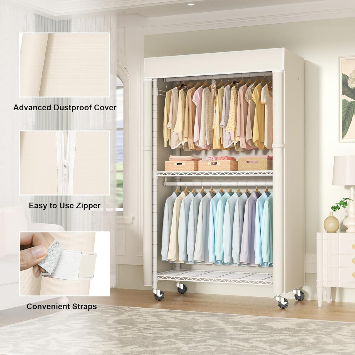 FUTASSI White Clothing Rack with Beige Cover, P1C Rolling Closets with Wheels, Metal Garment Rack