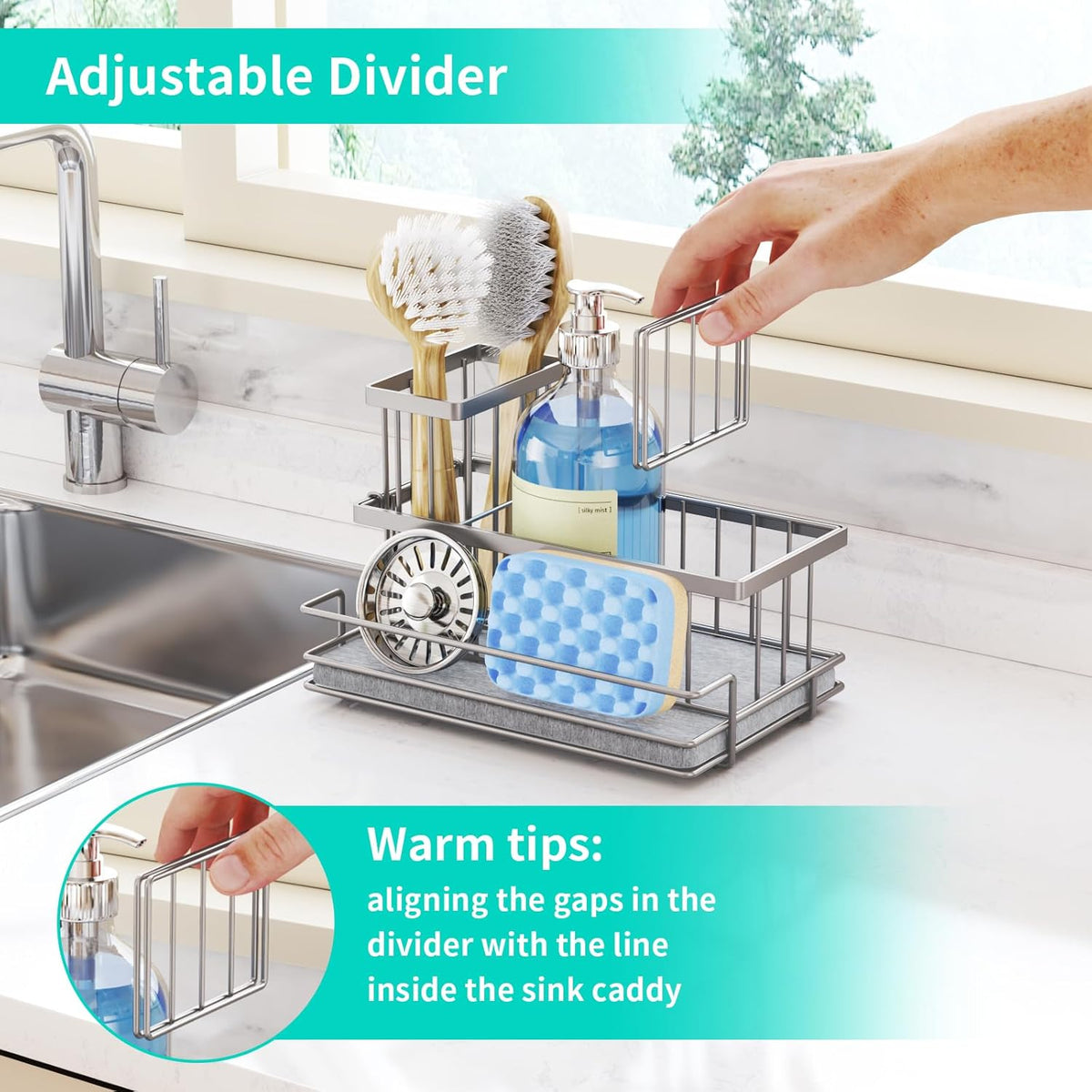 HapiRm Sink Caddy Sponge Holder - Kitchen Sink Organizer with Instant Drying Stone and Brush