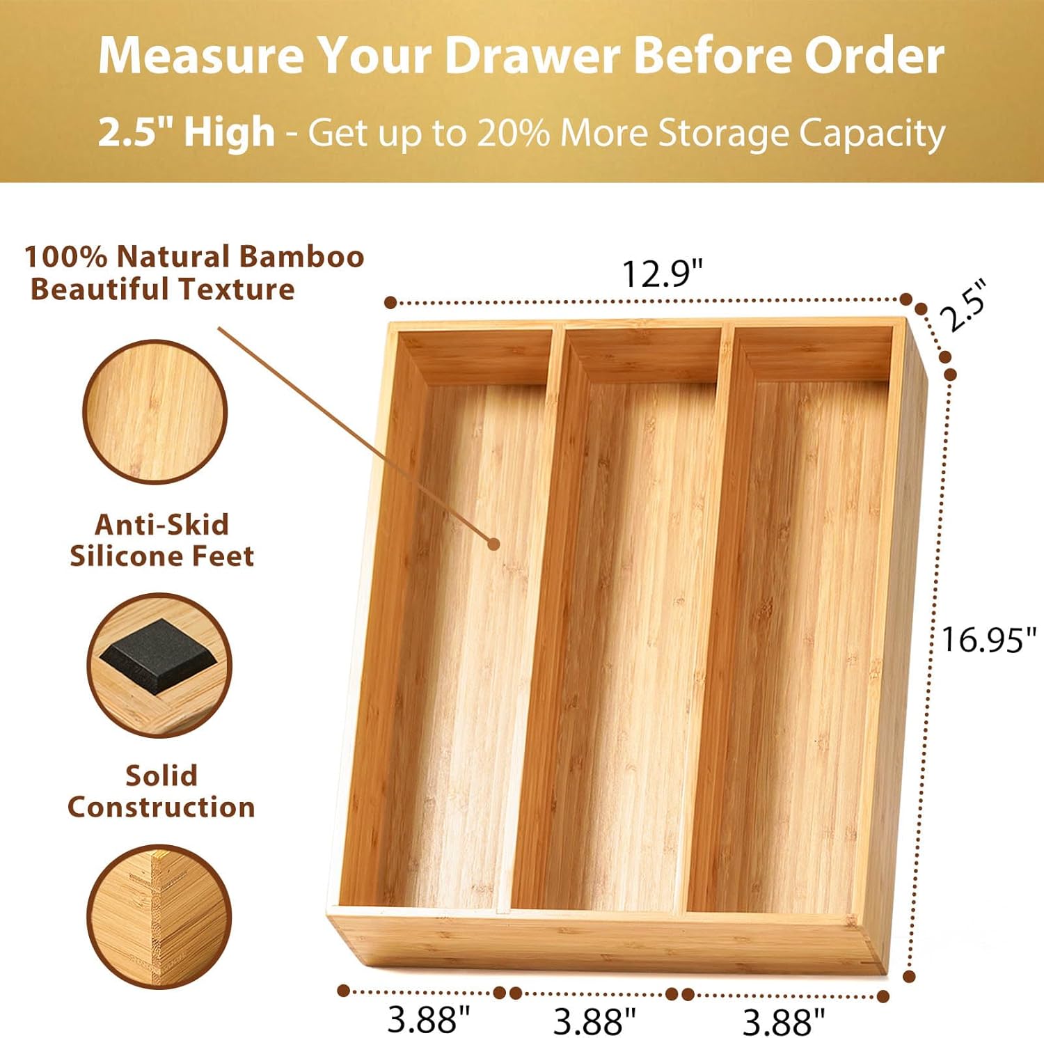 Umilife Bamboo Kitchen Utensils Organizer, 13 Inch Drawer Dividers for Silverware, Extra Deep