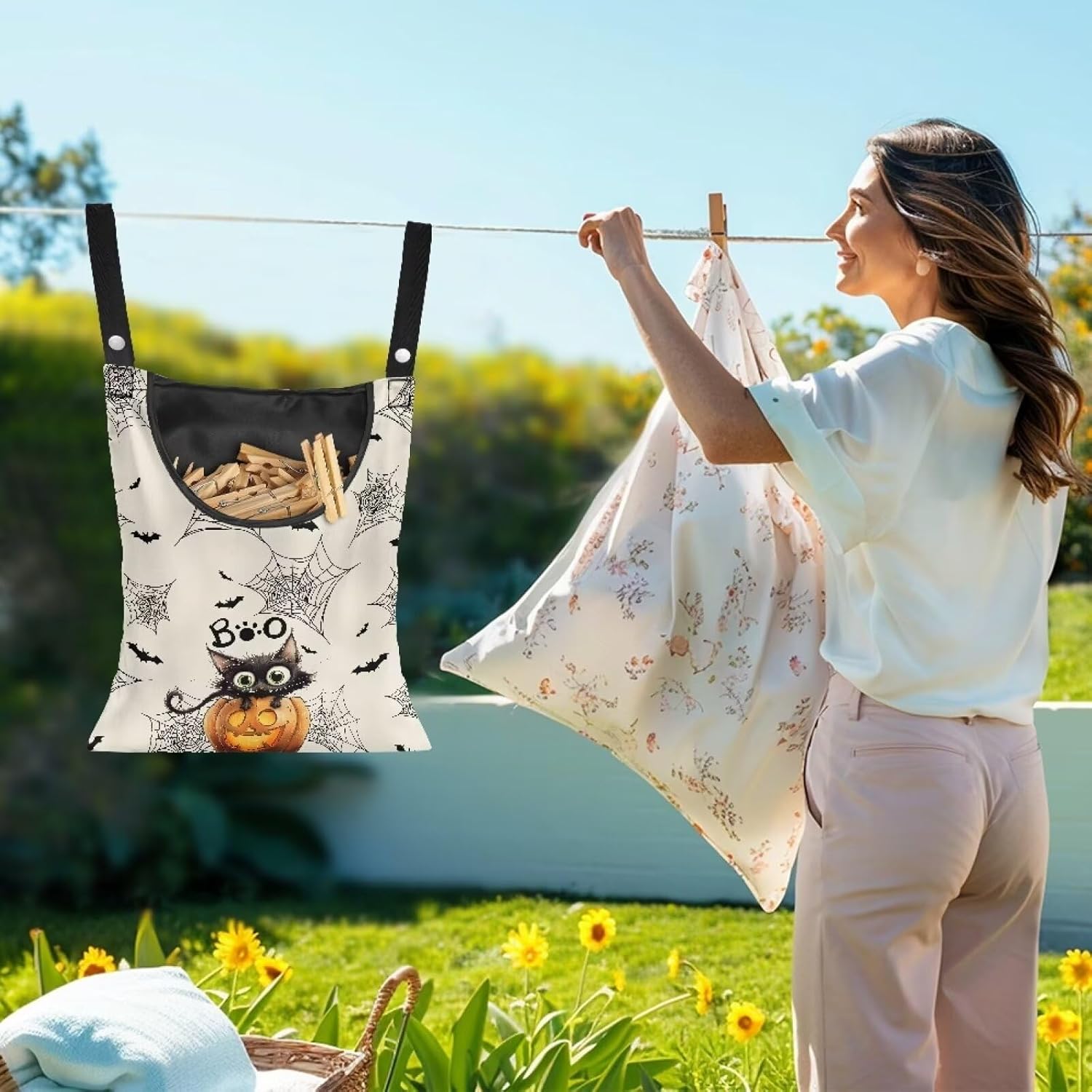 Cute Cat Space-Saving Laundry Clothespin Bag Pumpkin Waterproof Polyester Material, 2 Rope for