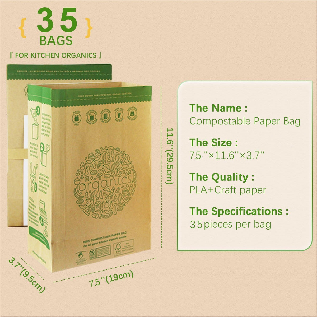 Hytrend-Kitchen Food Waste Bag-35 Bags-%100 Compostable paper Bag - Leak Resistant Liner - Plastic