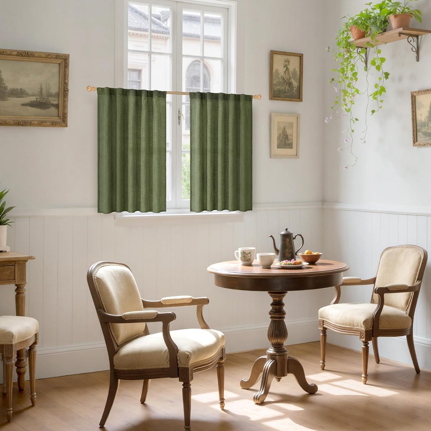 YoungsTex Olive Green Linen Curtains 40 Inch Length for Kitchen Window, Short Semi Sheer Drapes