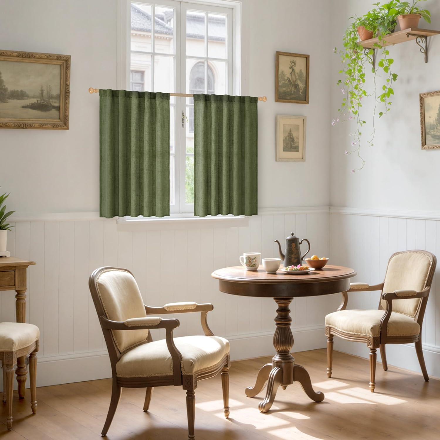 YoungsTex Olive Green Linen Curtains 40 Inch Length for Kitchen Window, Short Semi Sheer Drapes