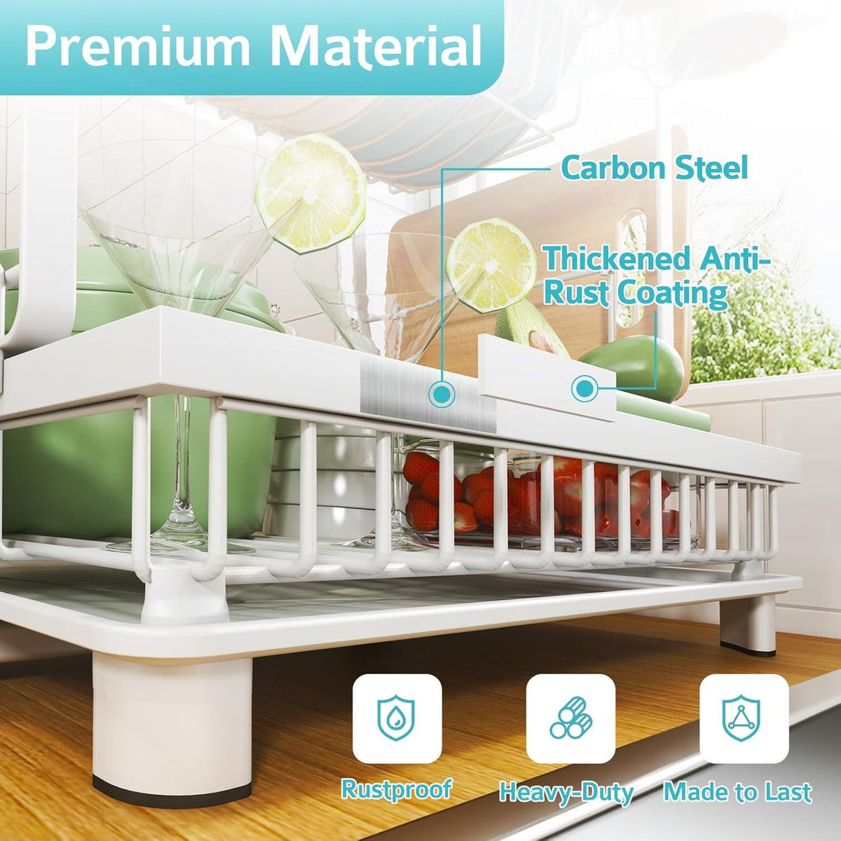 Multifunctional Dish Drying Rack - Rustproof, 2-Tier Dish Racks with Drainboard, Space-Saving