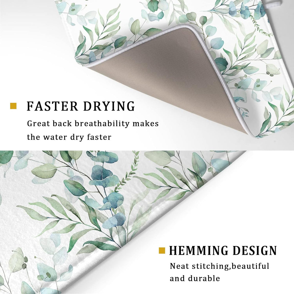 Sage Green Leaves Dish Drying Mats for Kitchen Counter 18x24 Inch, Leaves Kitchen Drying