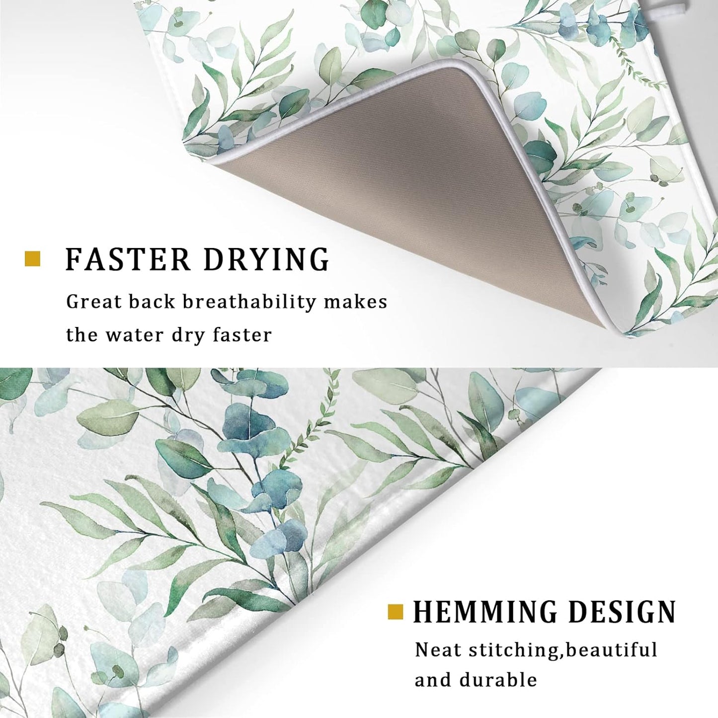 Watercolor Sage Leaves Dish Drying Mats for Kitchen Counter 16x18 Inch,Spring Leaves Kitchen Drying