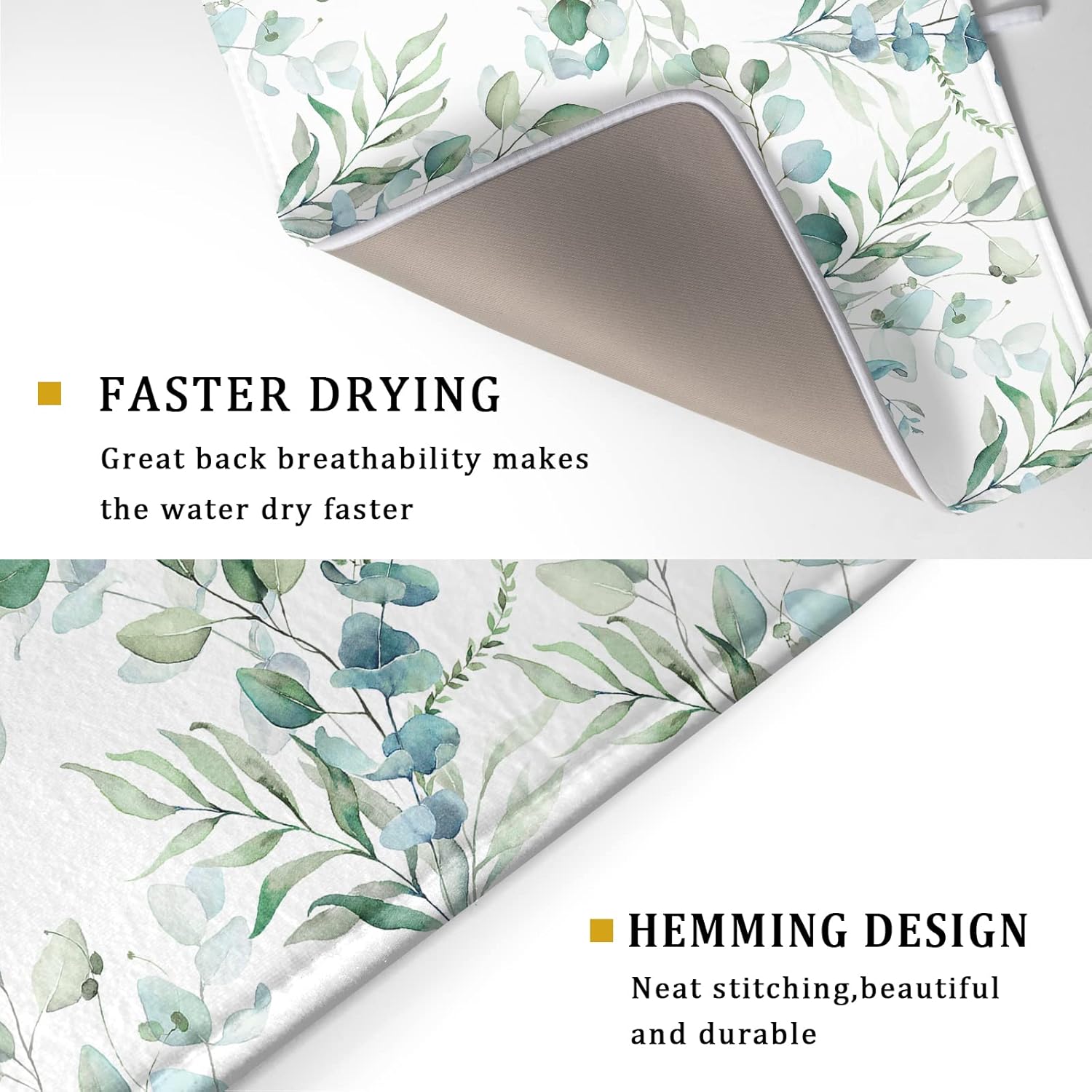 Watercolor Sage Leaves Dish Drying Mats for Kitchen Counter 16x18 Inch,Spring Leaves Kitchen Drying