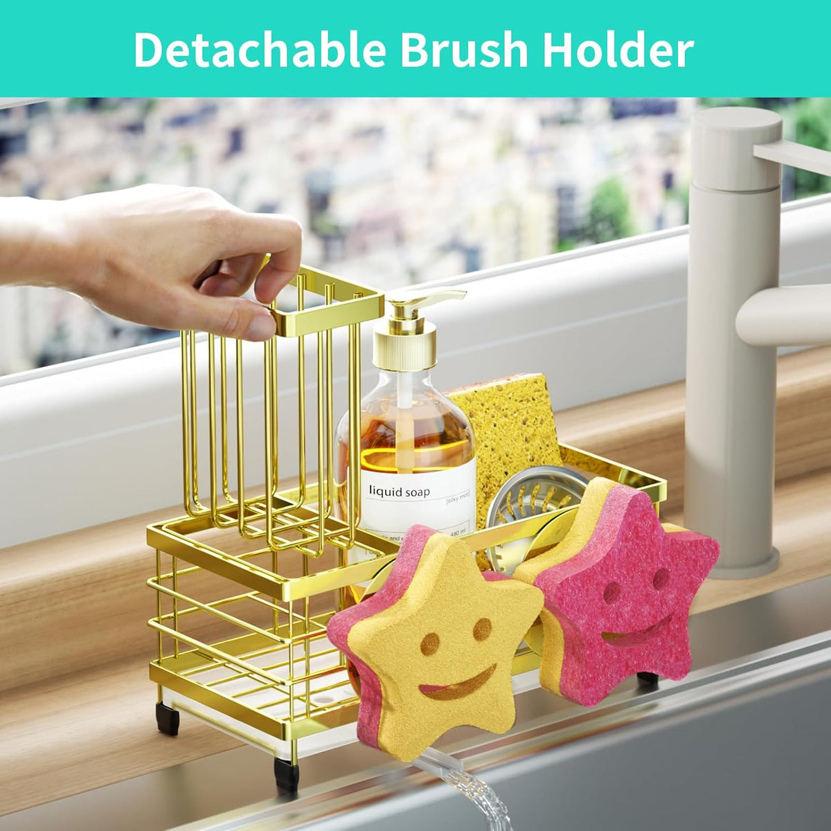 HapiRm Sink Caddy Sponge Holder - Self-draining Kitchen Sink Organizer with Smiley Face and Brush