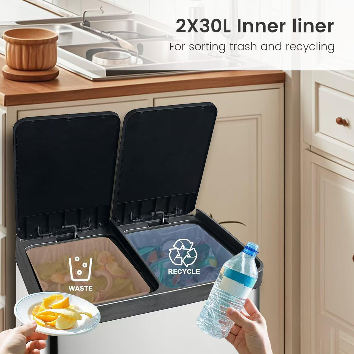60 Liter (2x30L) 16 Gallon Dual Trash Can, Recycle Bins for Kitchen with 2 Compartments, Trash and
