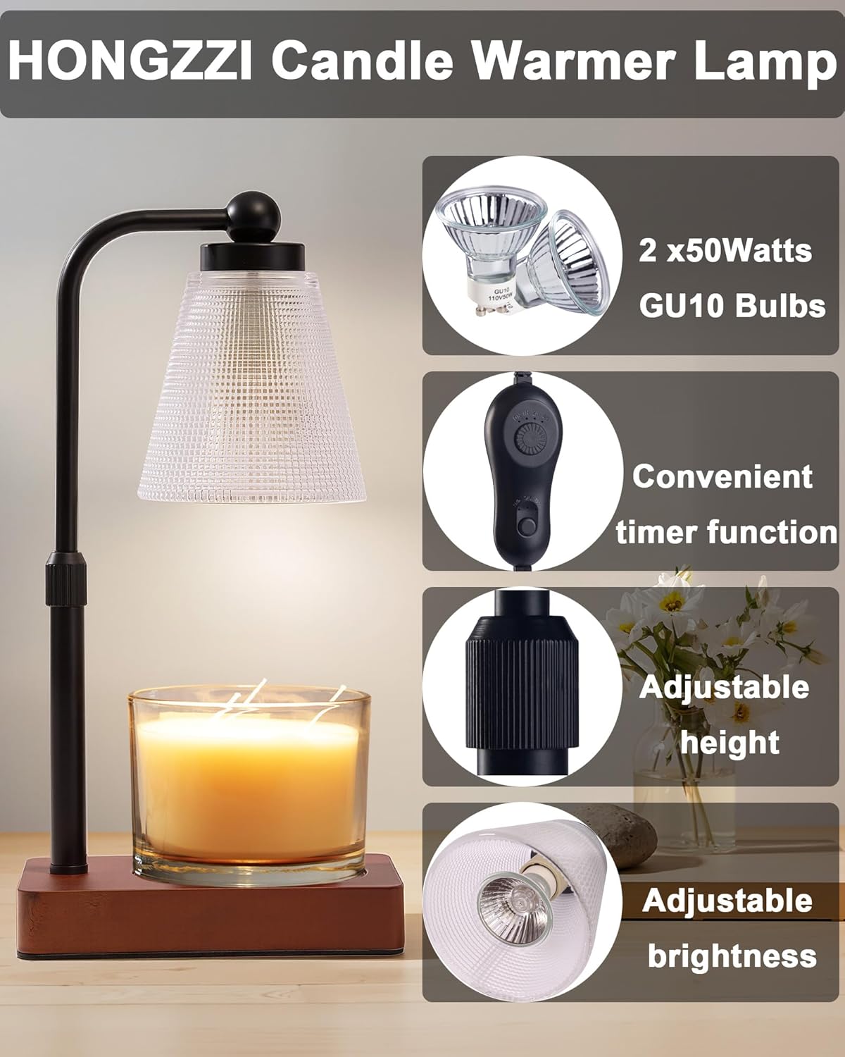 Candle Warmer Lamp - Electric Candle Warmer with Timer, Adjustable Height & Brightness, 2