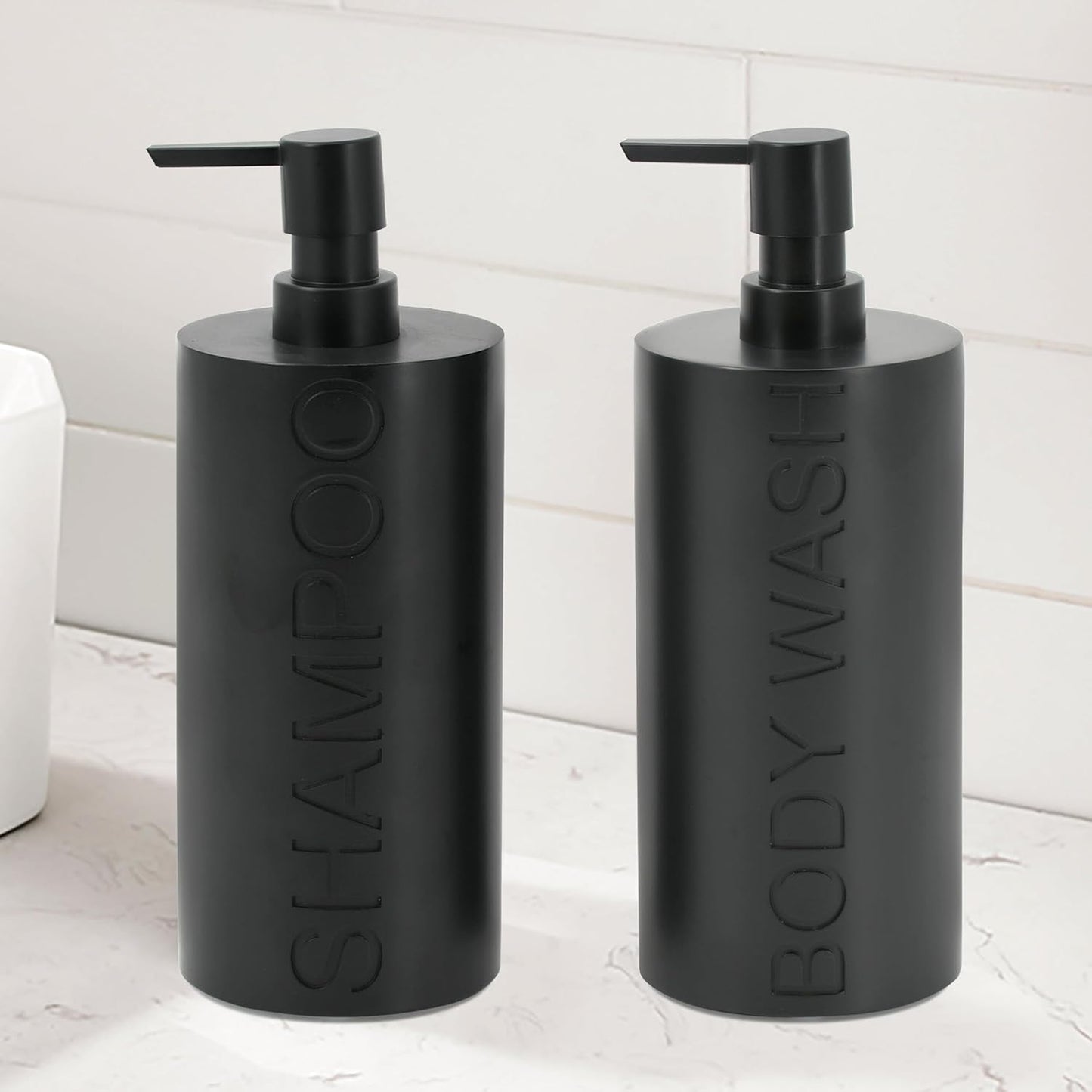 Matte Black Resin 2 Piece Shampoo and Body Wash Dispenser Set, Luxurious Refillable Pump Bottles