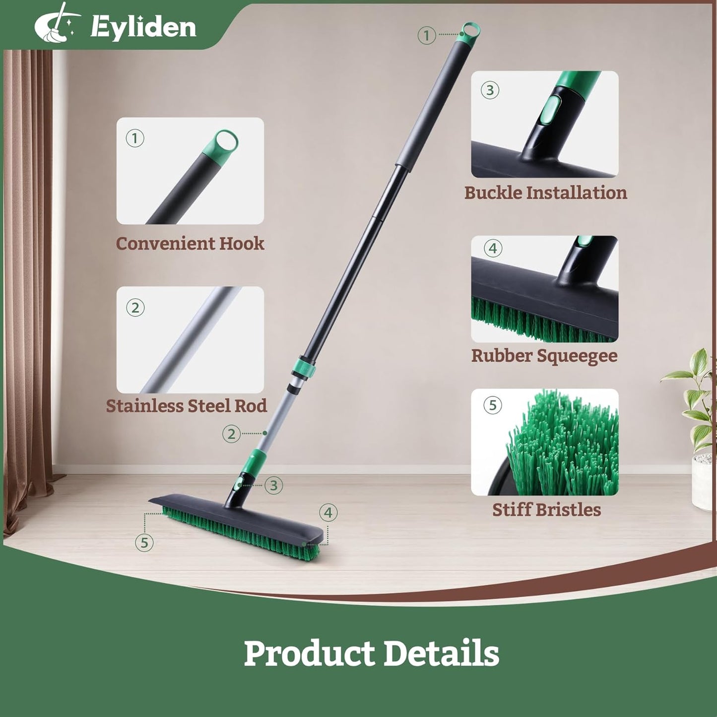 Eyliden X-Large Floor Scrub Brush, 2 in 1 Scrape Brushes with Rubber Squeegee | 55.3" Long Handle