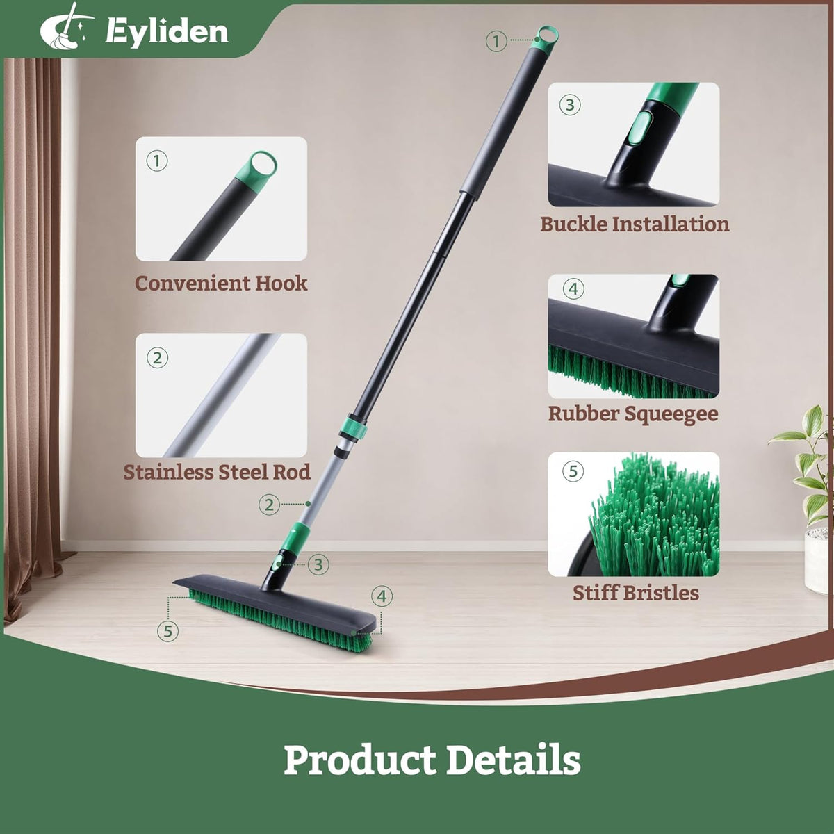 Eyliden X-Large Floor Scrub Brush, 2 in 1 Scrape Brushes with Rubber Squeegee | 55.3" Long Handle