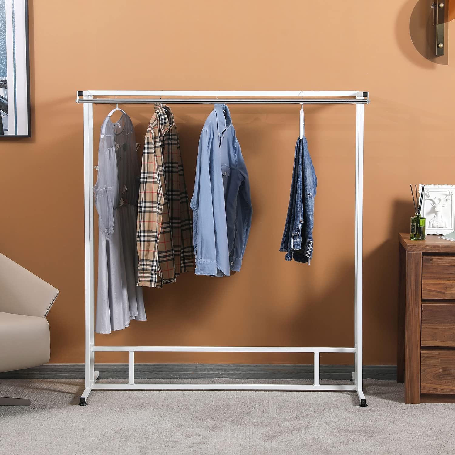 MyGift White Stainless Steel Freestanding Garment Rack, Heavy Duty Double Rod Clothes Rack Clothing