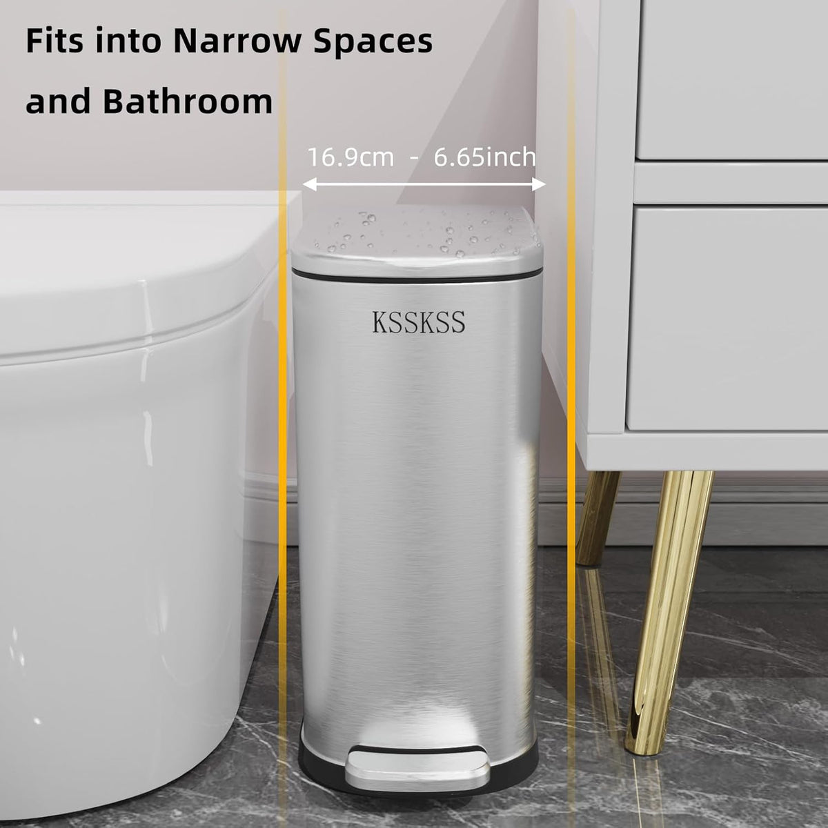 2.6 Gallon Slim Bathroom Trash Can with Soft Close Lid, 10L Stainless Steel Garbage Can with