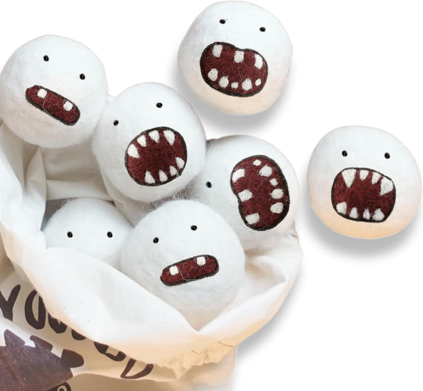 Woolbuddy Dryer Balls, 6-Pack Reusable Wool Laundry Accessories, Monster Design for Pet Hair