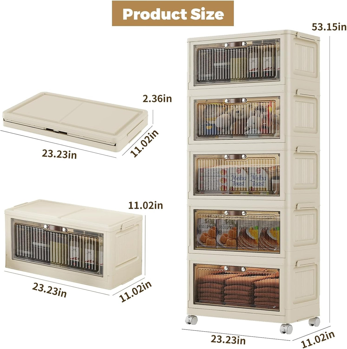 5 Tier - 48QT Storage Bins with Lids, Collapsible Storage Bins with Doors and Wheels, Plastic