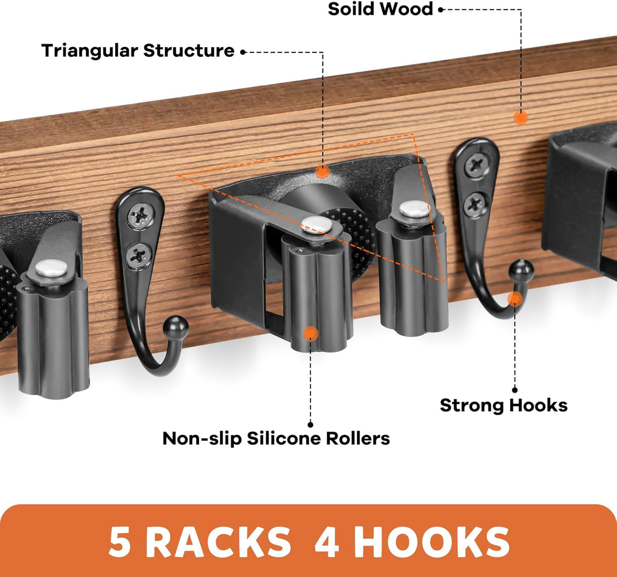 IMILLET Broom Holder Wall Mount, Rustic Wood Broom Hanger with 5 Racks and 4 Hooks, Laundry Room