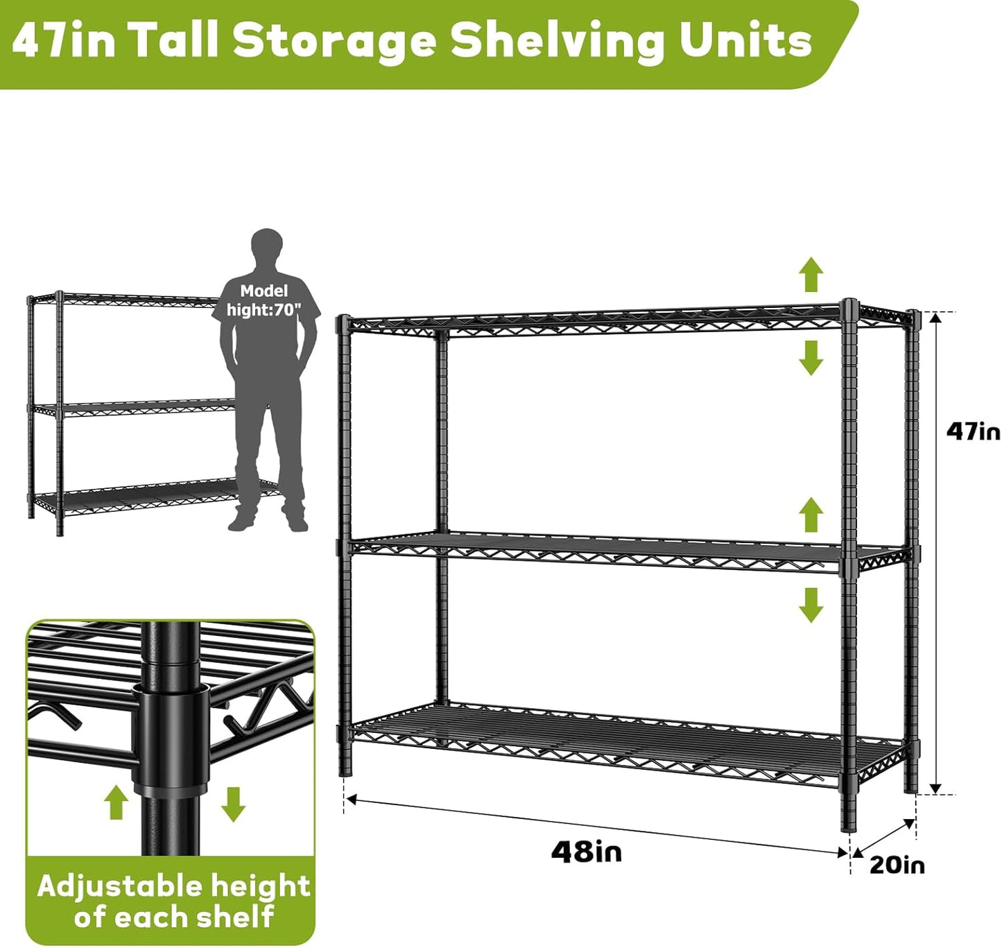 Storage Shelves, 2 PCS 48" L x 20" W x 47" H Heavy Duty Garage Wire Shelving Unit Loads 1200LBS