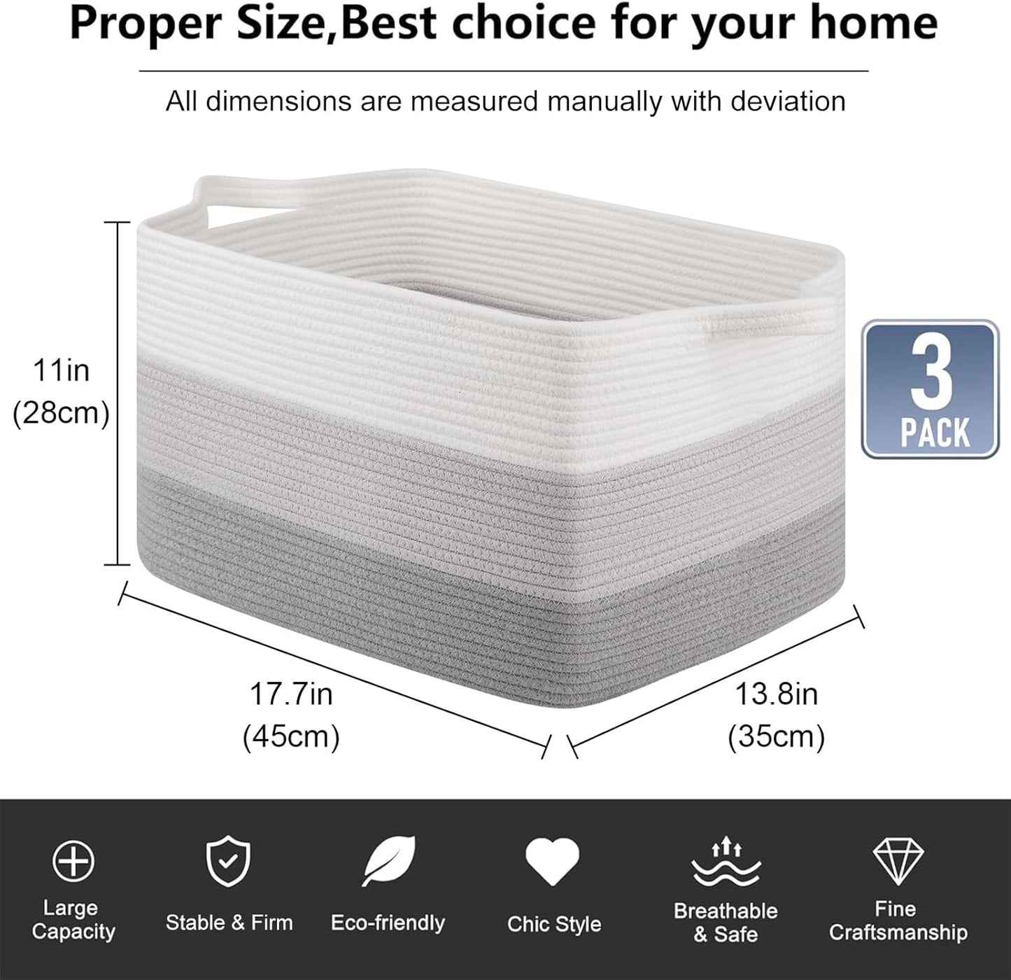 OIAHOMY Rectangle Woven Storage Basket - Nursery Cotton Rope Baskets for Storage, Toy Basket