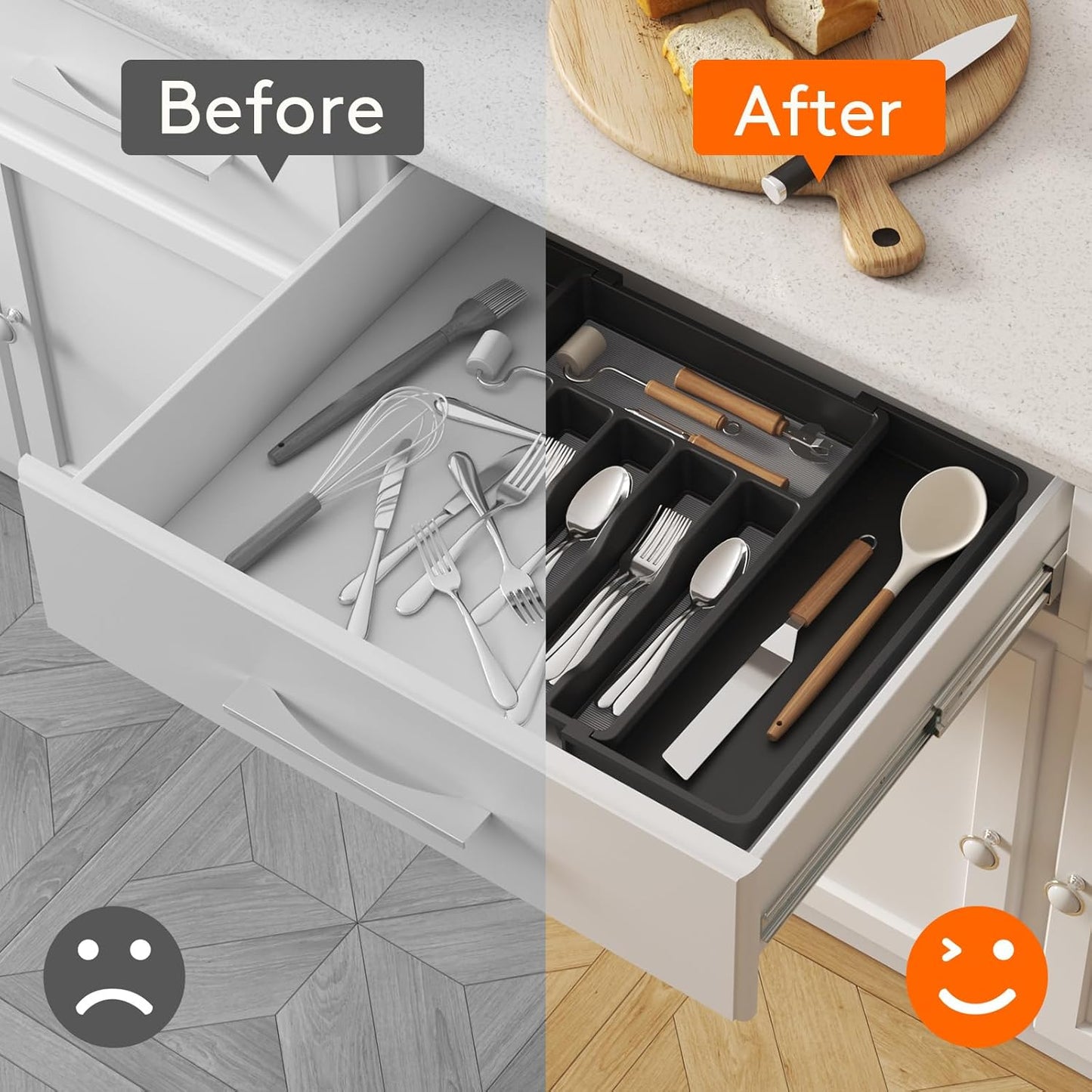 Lifewit Silverware Drawer Organizer, Expandable Utensil Tray with Non-Slip TPR, Deep Flatware
