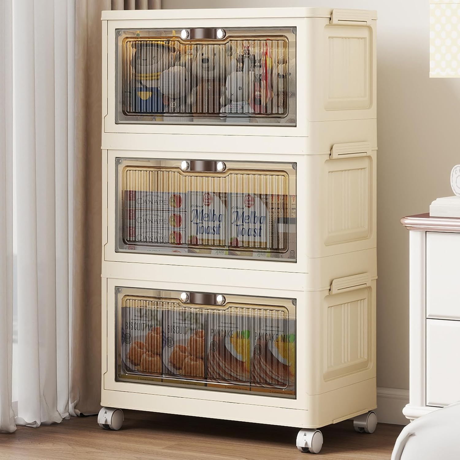 3 Tier - 34QT Storage Bins with Lids, Collapsible Storage Bins with Doors and Wheels, Plastic