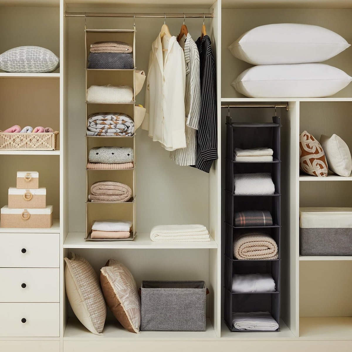 YOUDENOVA Hanging Closet Organizer, 6-Shelf Closet Hanging Storage Shelves, 2 Packs, Beige