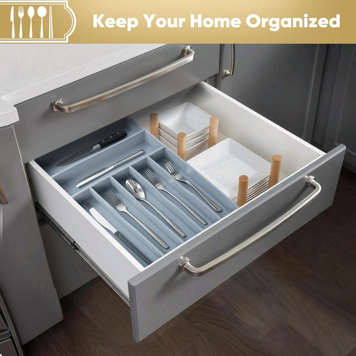 Silverware Organizer, 12.5 Inch Utensil Organizer Kitchen Drawer Organizer Bamboo Silverware Holder