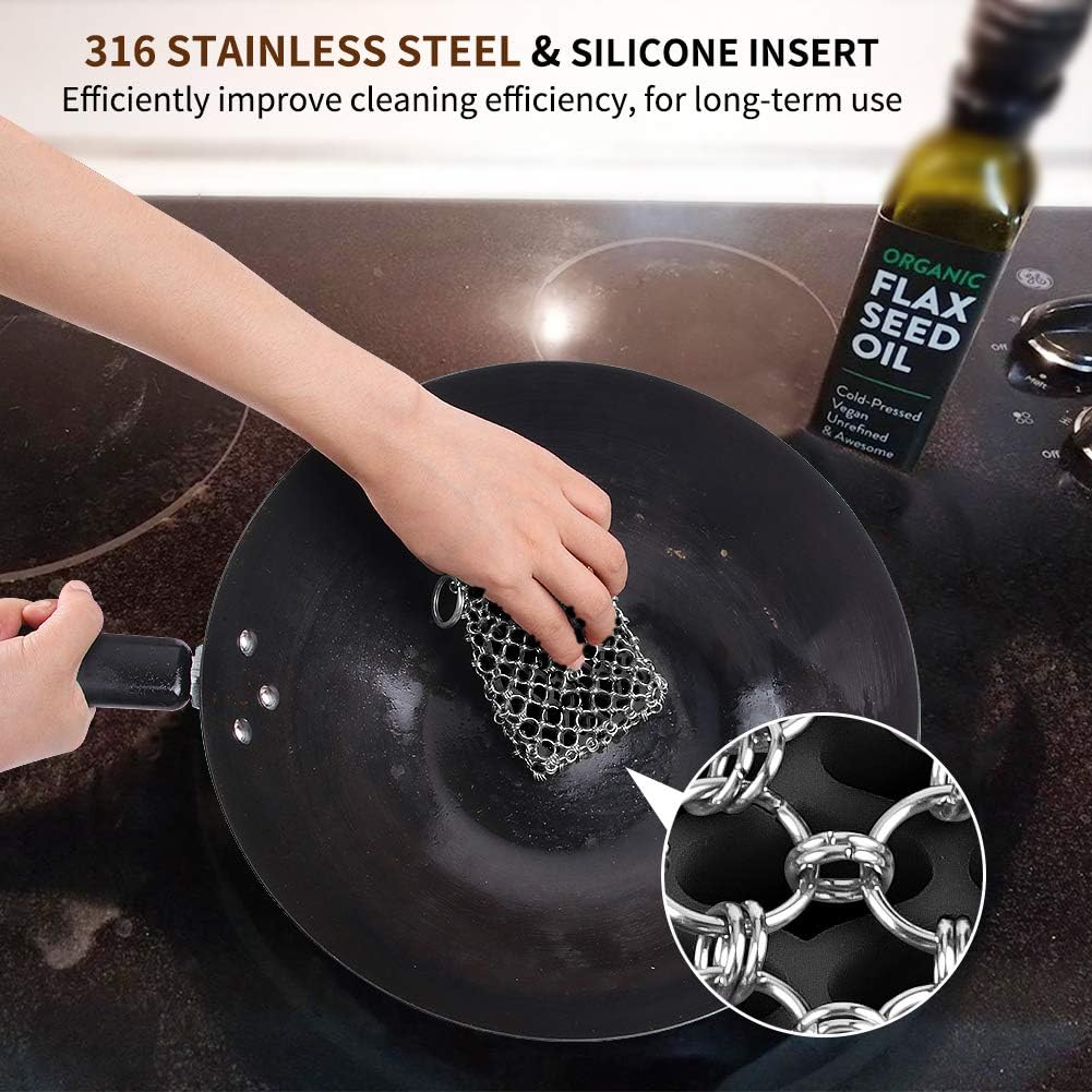 Herda 316L Cast Iron Scrubber Cleaner, Large Chainmail Scrubber for Cast Iron Pan - Chain Mail