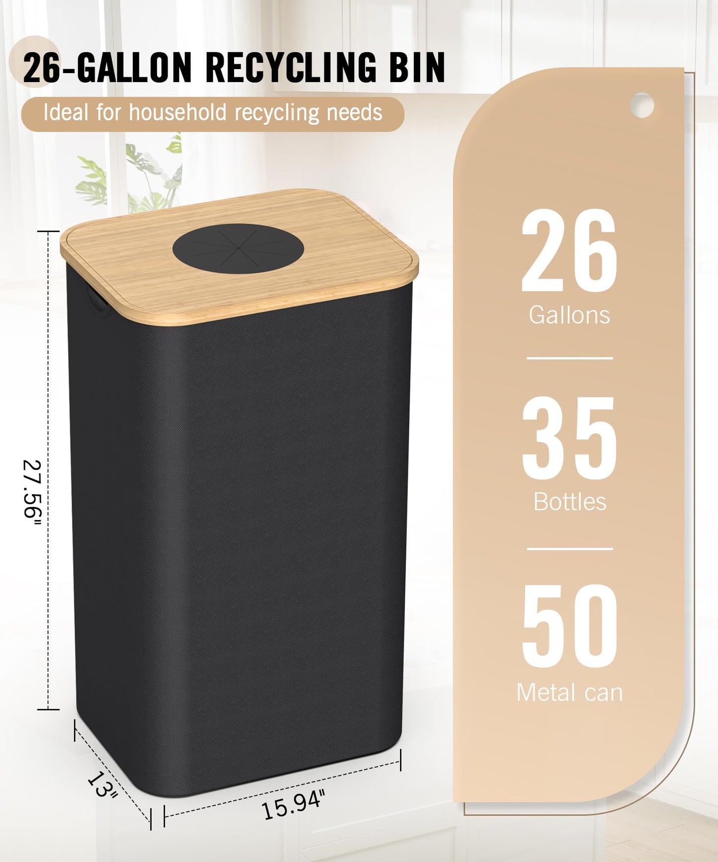 26 Gallon (100L) Recycling Bins for Kitchen with Bamboo lid, Black