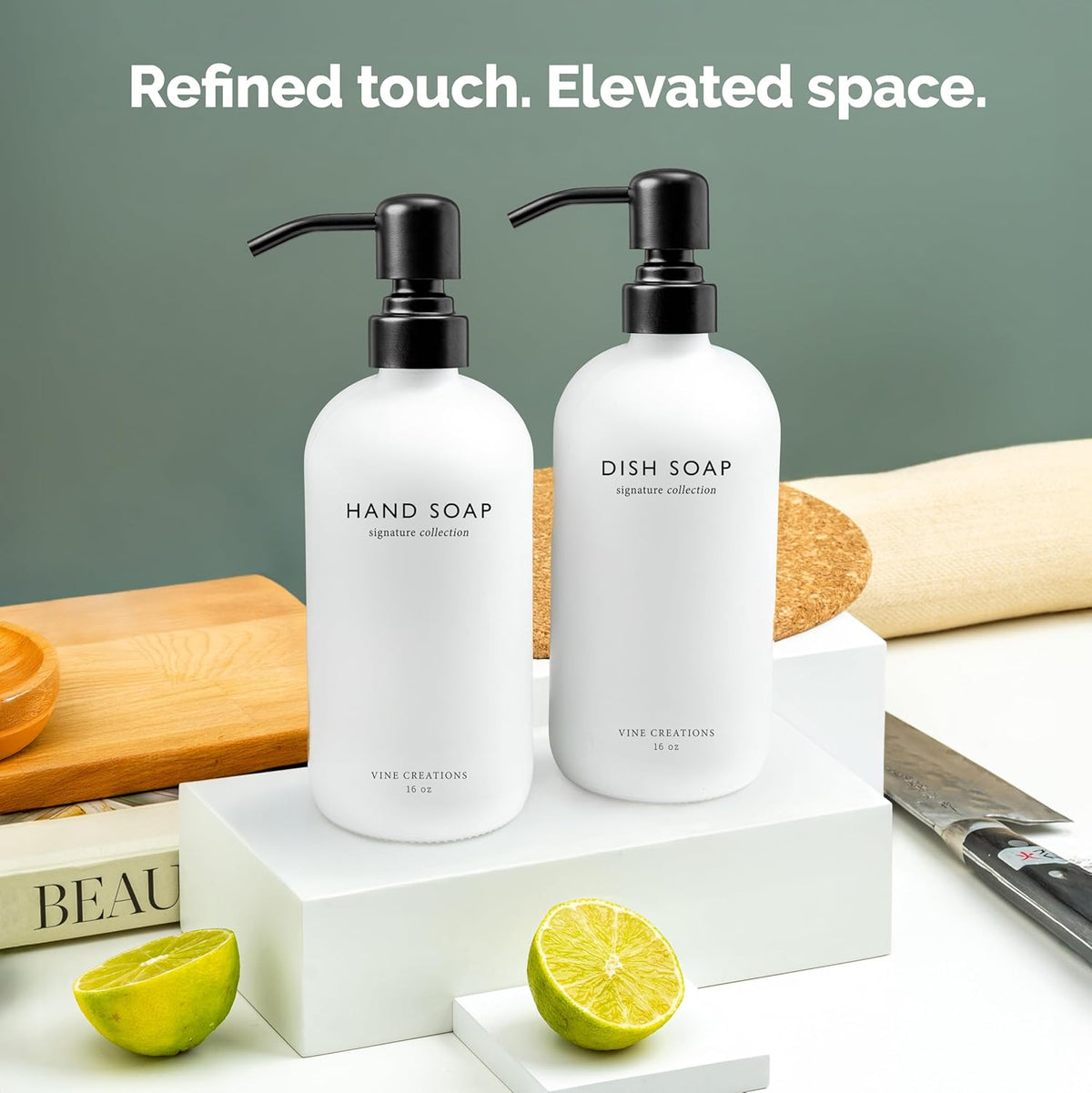 Vine Creations White Glass Soap Dispenser Set, Dish Soap and Hand Soap Dispenser Set with Stainless