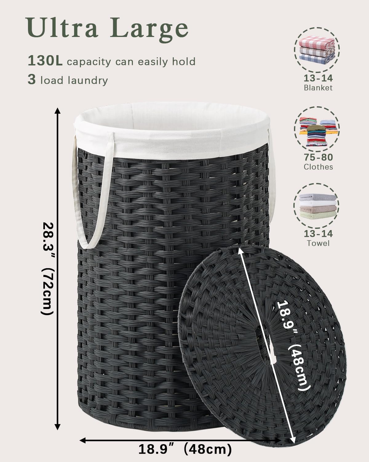 Large Laundry Hamper Laundry Basket Round 34.3 Gal (130 L) Handwoven Wicker Laundry Baskets Rattan
