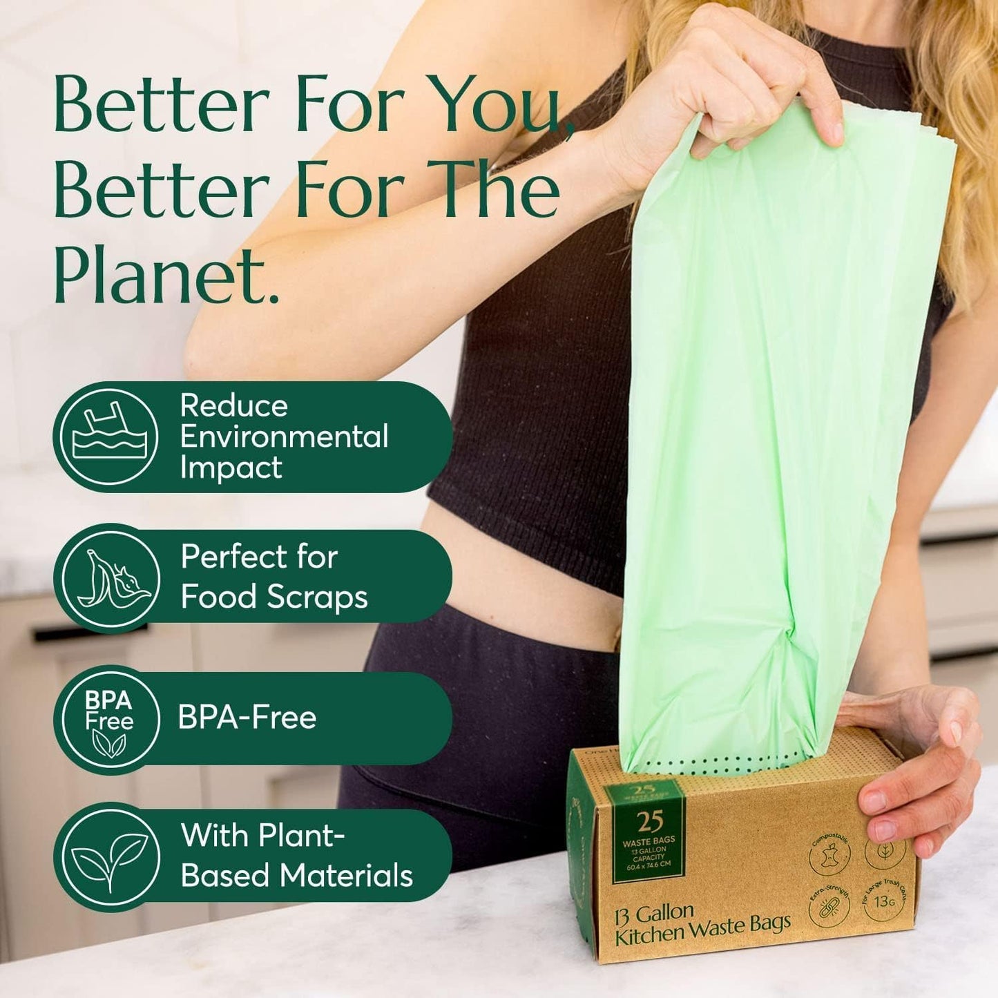 Cleanomic Compostable* 13 Gallon Trash Bags with Drawstring (3 Pack, 75 Count), BPI Certified For